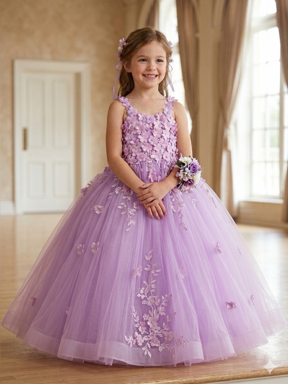 Lavender 3D Floral Tulle High-Low Flower Girl Pageant Dress - adjustable